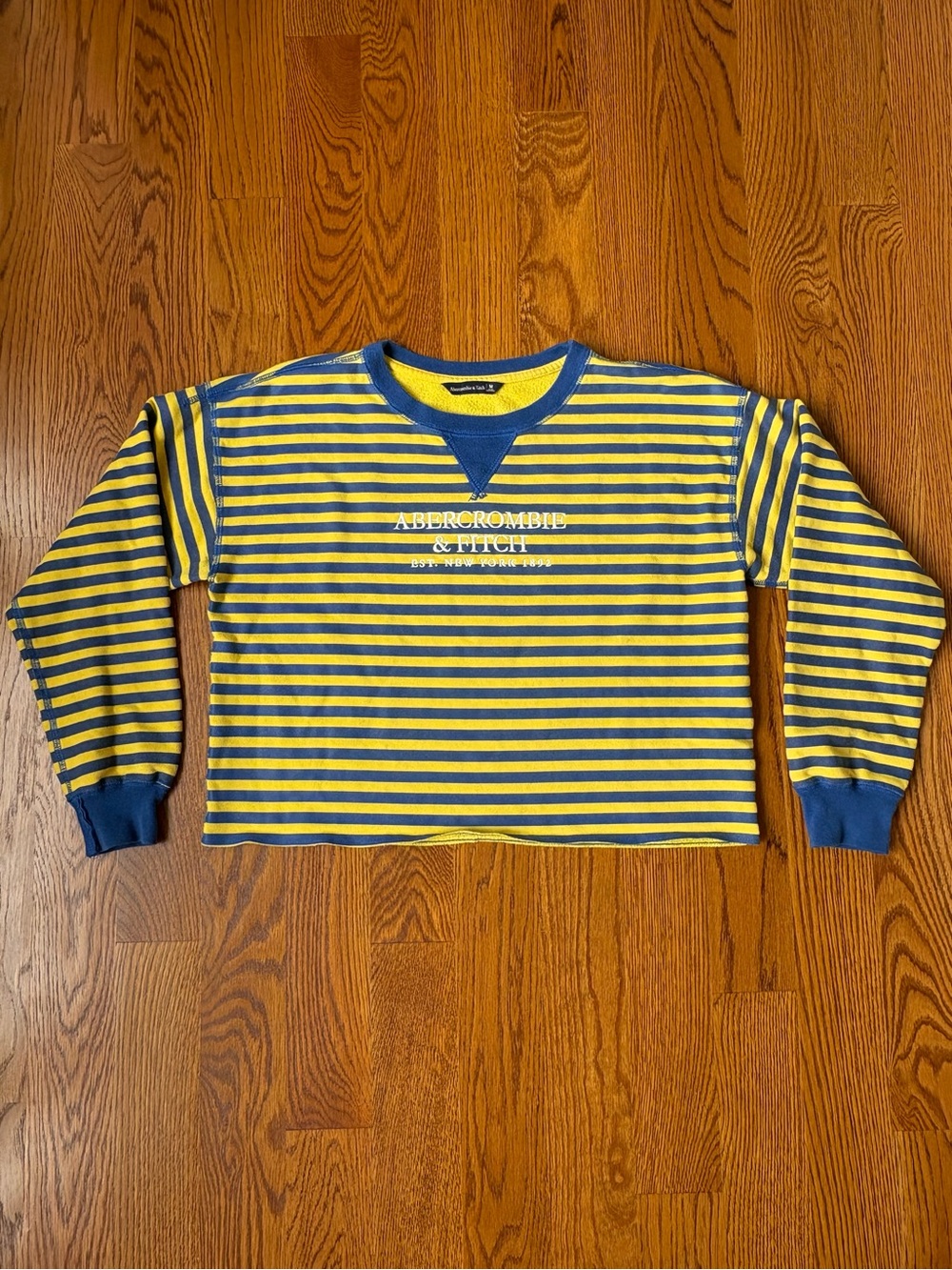 Abercrombie & Fitch Yellow and Blue Striped Cropped Long-Sleeve Shirt size M